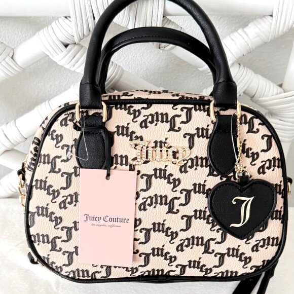Juicy Couture Handbags - NWT Juicy Couture Gothic Logo Crossbody Satchel Bag Heart Charm Beige & Black
